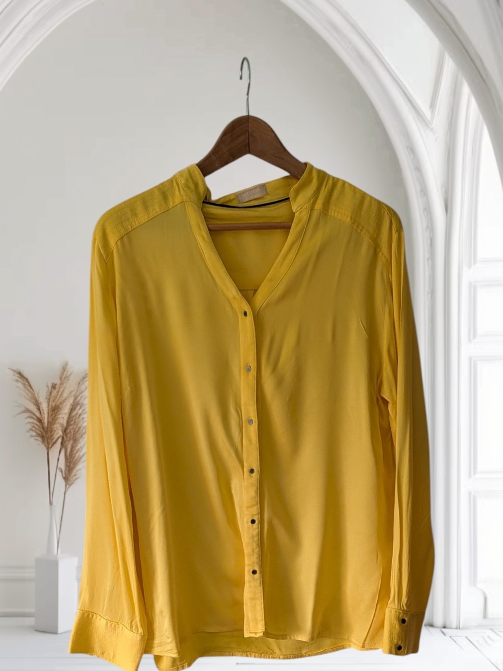Relaxed Yellow Button-Down V-Neck Blouse